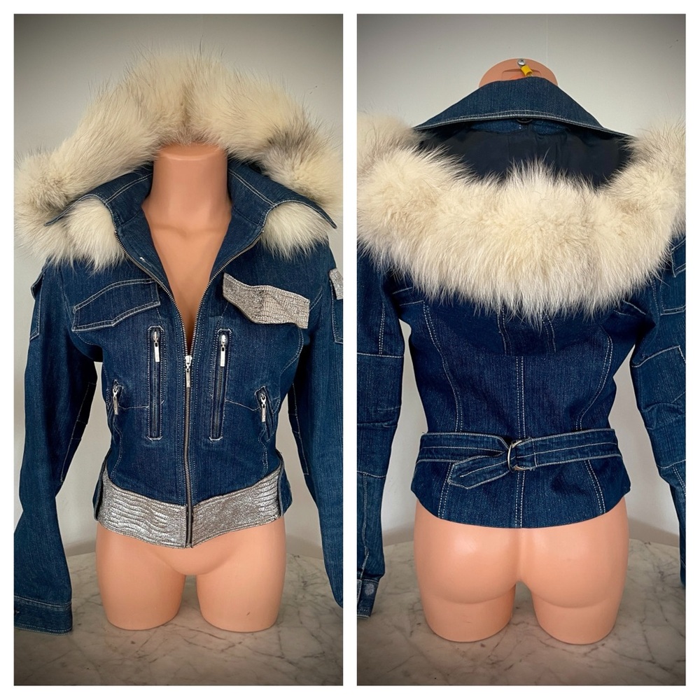 B2 BALIZZA Blue Jean Jacket w/Removable Hood, Fox Fur Trim Sz 38, US S
